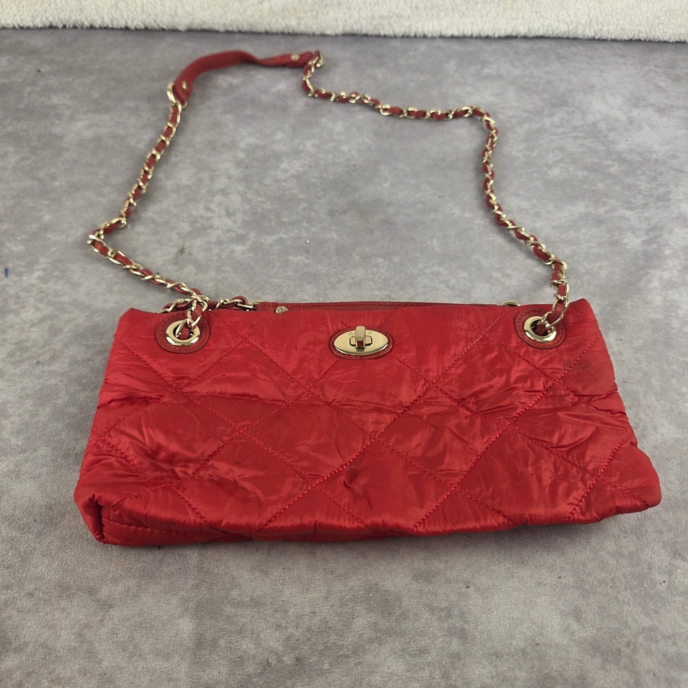 DKNYC Red Quilted Nylon Crossbody Bag Gold Chain Strap Turn Lock Closure